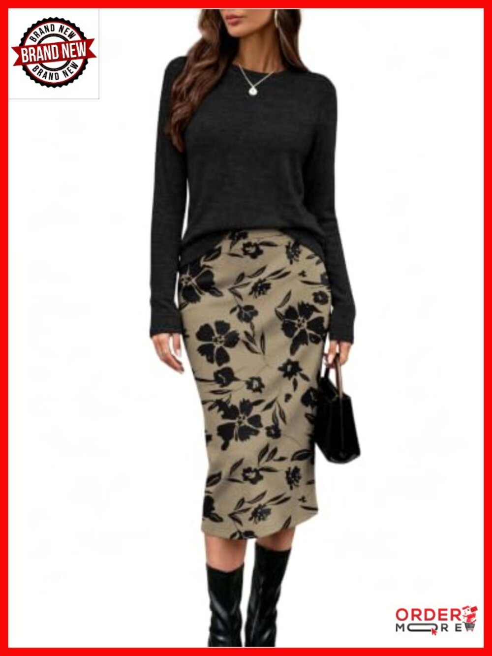 Women's 2 Piece Midi Skirt Set Long Sleeve Top with Pockets Casual